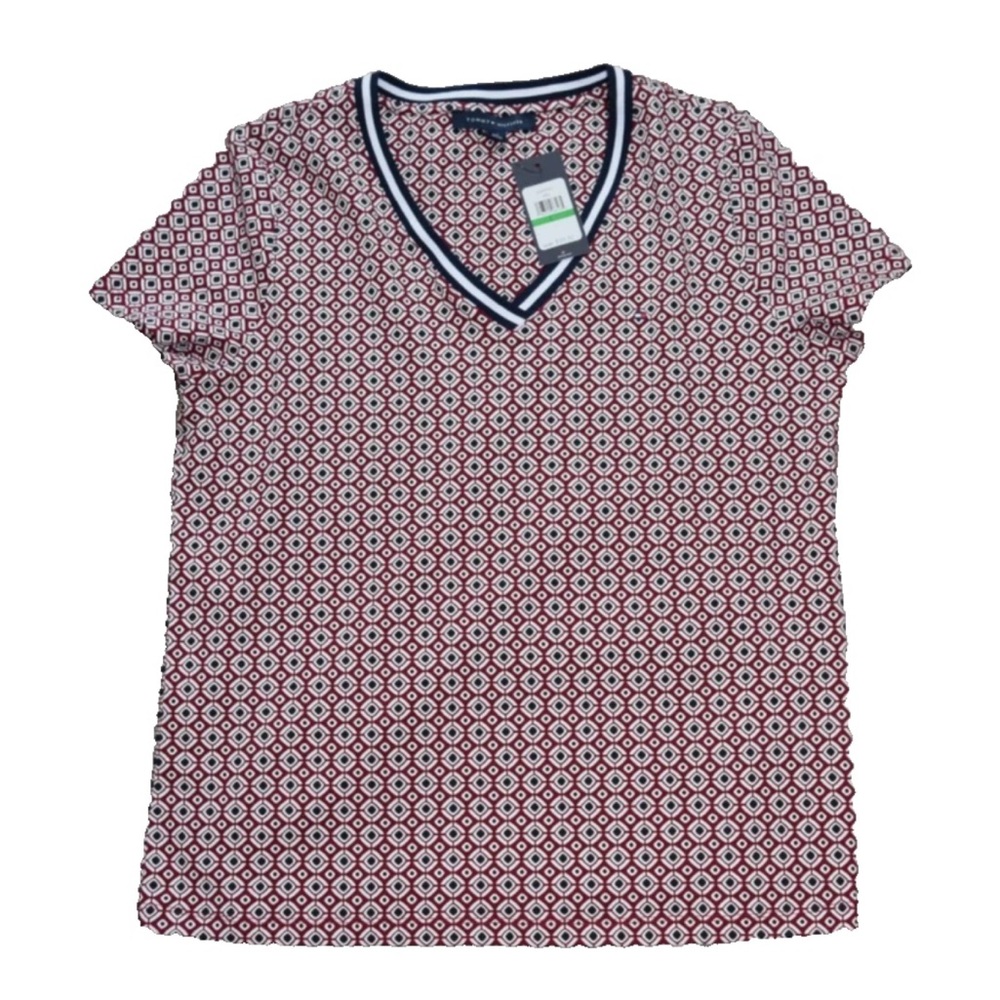 NWT Tommy Hilfiger Women's Pullover V-Neck Tee Shirt Top Red White Blue Pattern